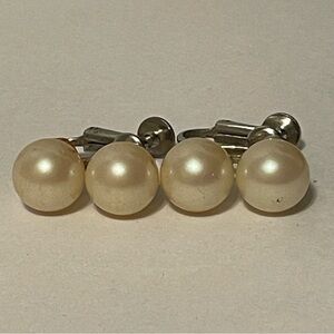 Double White Faux Pearl Silver Screwback Clip‎ On Earrings Vintage 1 inch